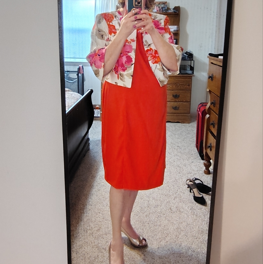 Dressbarn Orange Midi Dress with Floral Jacket